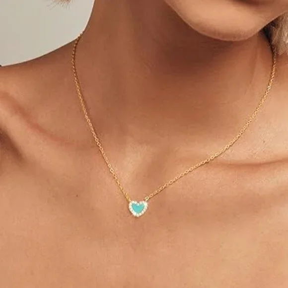 Neiman Marcus 14k Gold Plated Turquoise Blue Heart Necklace - Picture 4 of 5
